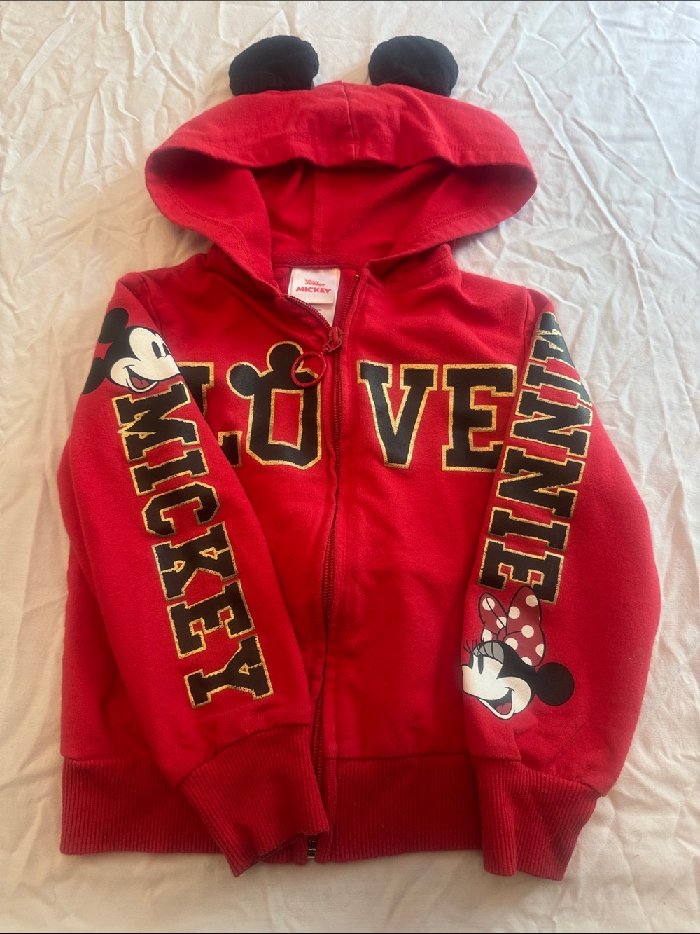 Disney 4 Red Mickey & Minnie LOVE Zip-Up Hoodie with Ear Hood
